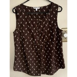 Croft & Barrow Top Size Large Brown Sleeveless Button Up Giraffe Animal Print
